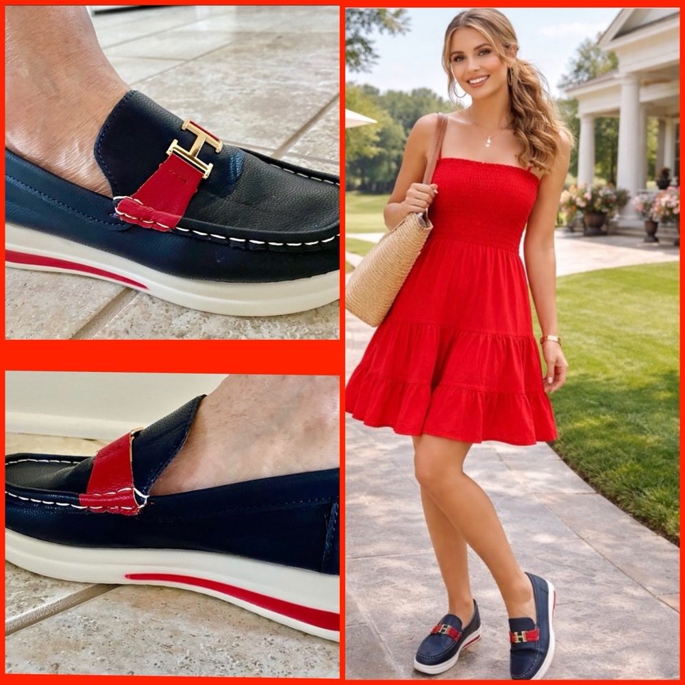 Navy & Red Vegan Lightweight Designer Loafers Size 8.5 New W/O Box